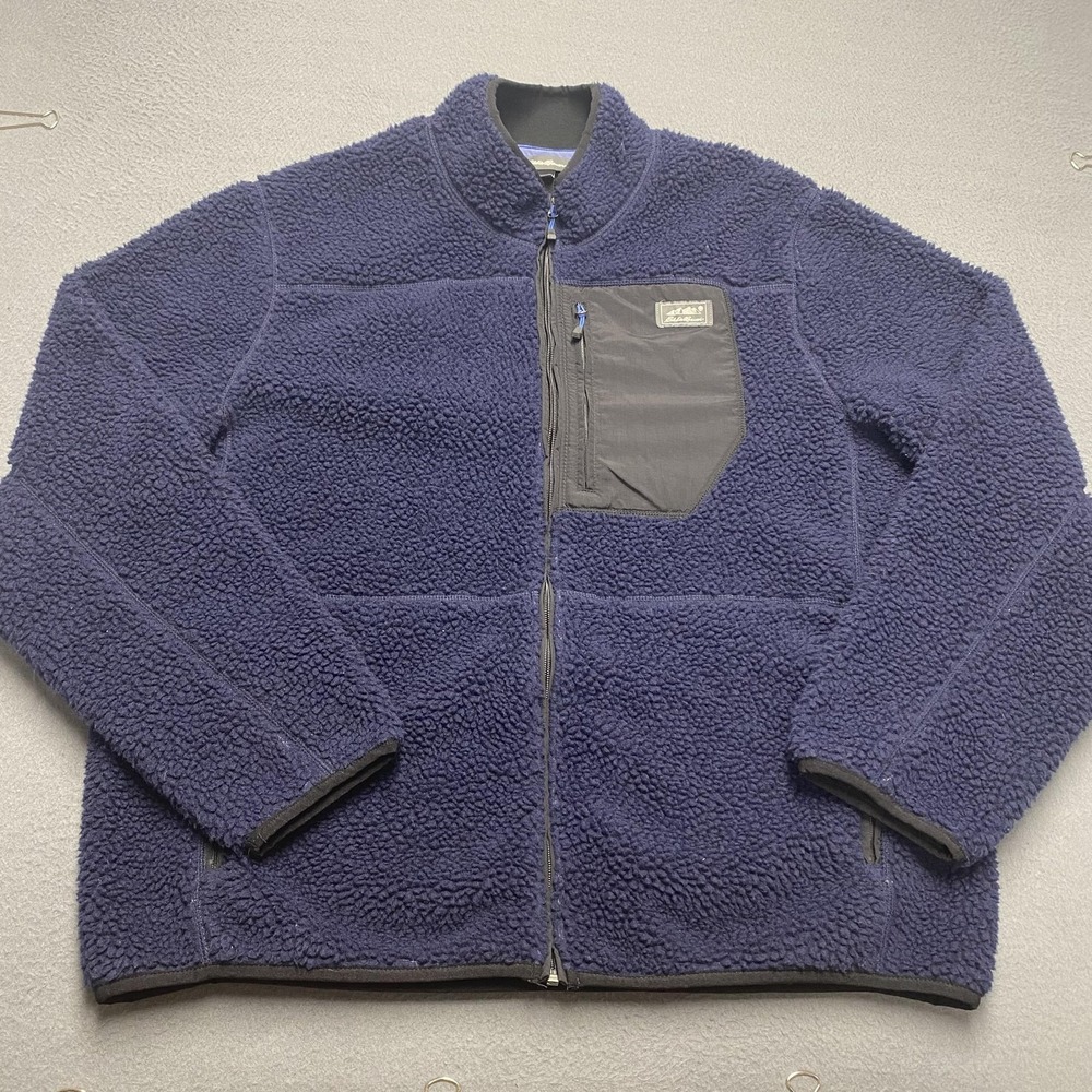 Eddie Bauer Jacket Mens XL Blue Sherpa‎ Fleece Bomber Full Zip Outdoor Hiking